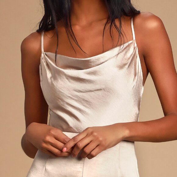 NWT: Perfect Night Champagne Satin Cowl Neck Culotte Jumpsuit (Lush) - Picture 5 of 6